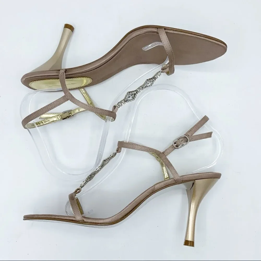 Women's Nina Champagne‎ Satin Crystal Embellished Strappy Evening Sandal Sz 9
